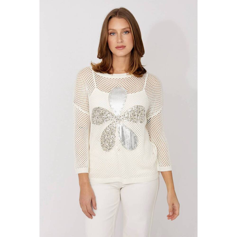 NEW FRANK LYMAN saphine sequin floral embellished sweater in off-white